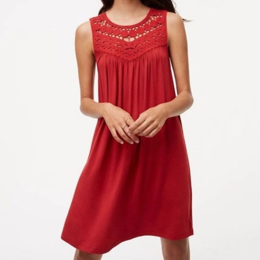 Loft Red Sleeveless Crochet Yoke Knit Swing Dress